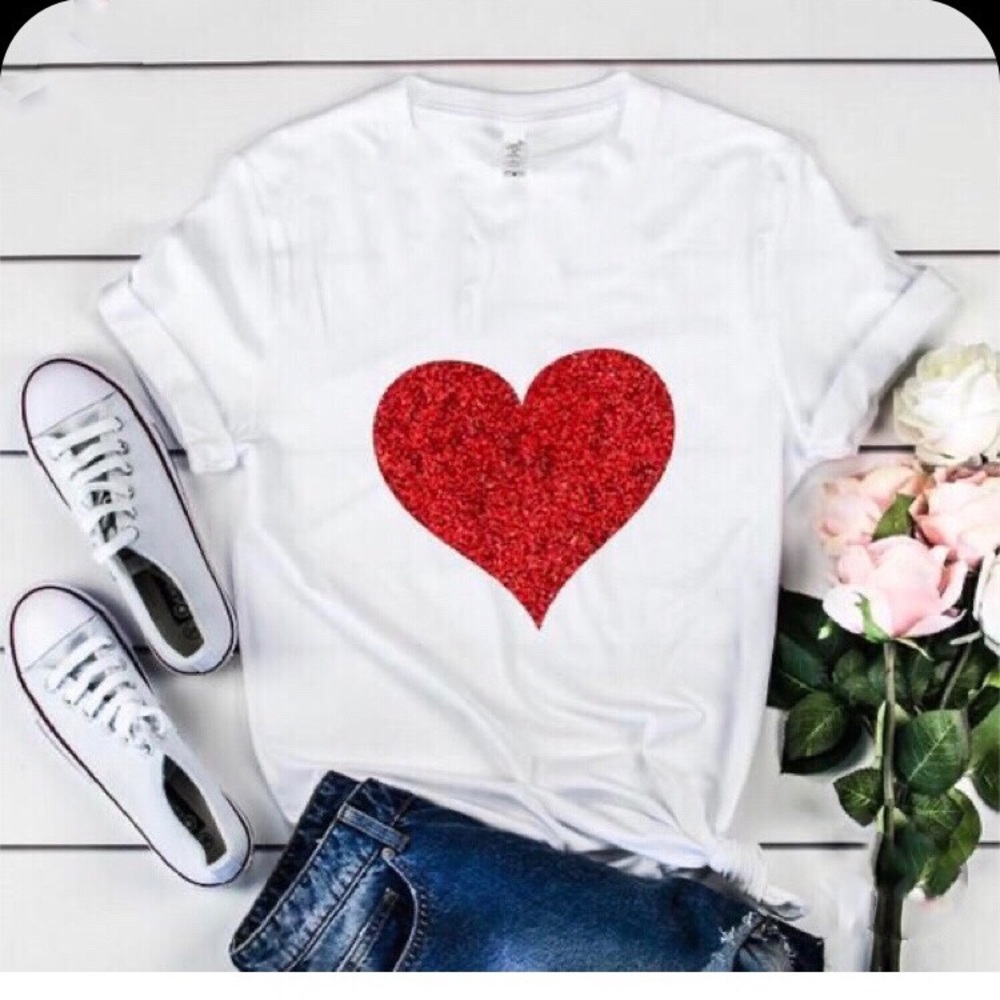 White scoop neck t&j design tee shirt red sparkle heart cursive love graphic top